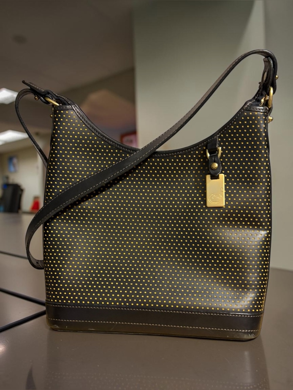 Vintage Dooney & Bourke Black Leather Perforated Gold Dot Hobo Shoulder Bag
